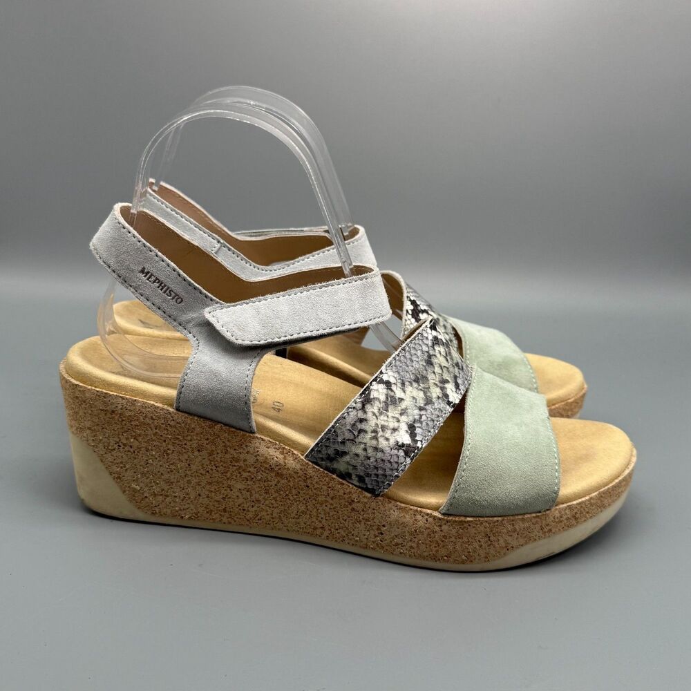 Mephisto Gianna Women's 9.5 Snake Print Cork Wedge Sandal Slip-On Hook & Loop